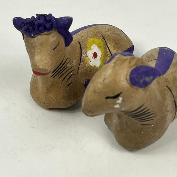 Mexican Large 13pc Handmade Clay Nativity Set Folk Art Purple Painted Peruvian - Picture 16 of 16